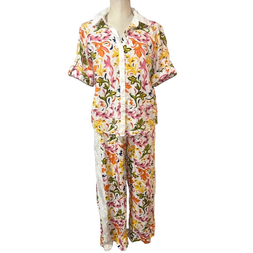 JM Collection NWT Women’s Floral 2Pc Linen Pant/Button Up Set size M
